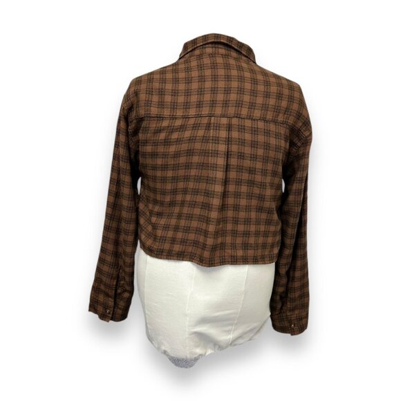 Hollister Womens Brown Plaid Oversized Boxy Cropped Button-Down Flannel Shirt XS - Picture 3 of 11